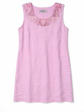 Bella Tu Pink Linen Sleeveless Sequin Neck Shift Dress